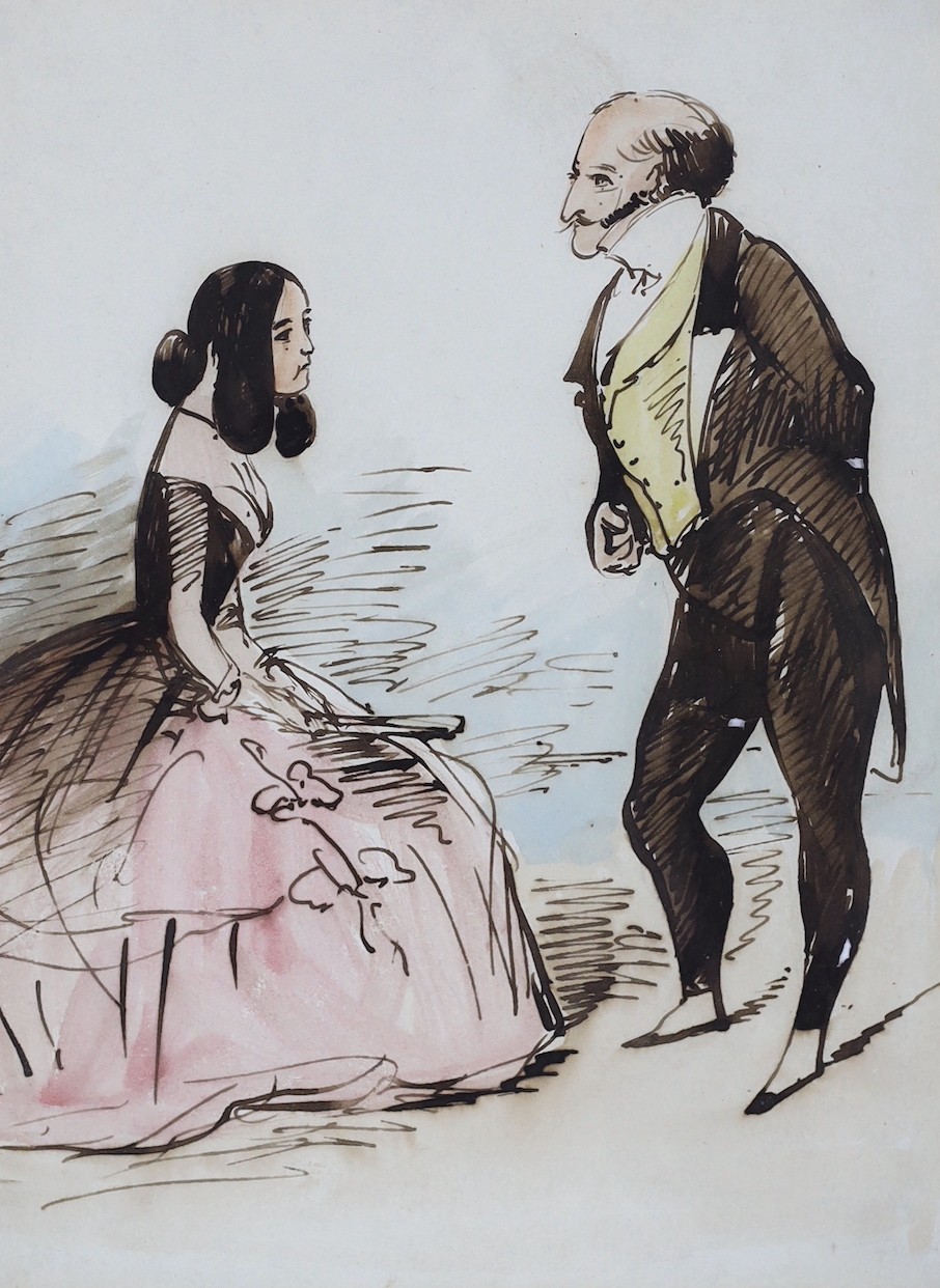 Constantin Guys (1802-1892), pen, ink and watercolour, ' A fashionable couple', 23 x 17cm.